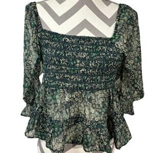 American Eagle Dark Green Smocked Puff Sleeve Blouse Medium Romantic Boho